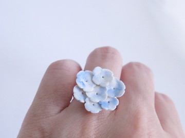 Hydrangea繡球花白瓷可調式戒指/藍