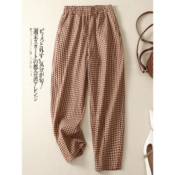 外貿出口品牌剪標折扣女裝棉麻休閑褲哈倫褲顯瘦蘿卜褲格子九分褲