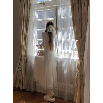 白水女 溫柔紗紗裙 網紗連衣裙女初秋氛圍感穿搭韓系氣質顯瘦裙子