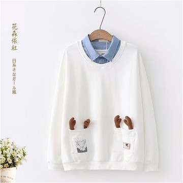 日系春秋季甜美繡花套頭假兩件長袖衛衣學生少女寬松百搭上衣外穿