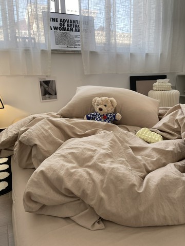 復古侘寂風褶皺水洗棉四件套床單高級感ins純色三件套宿舍被套1.8