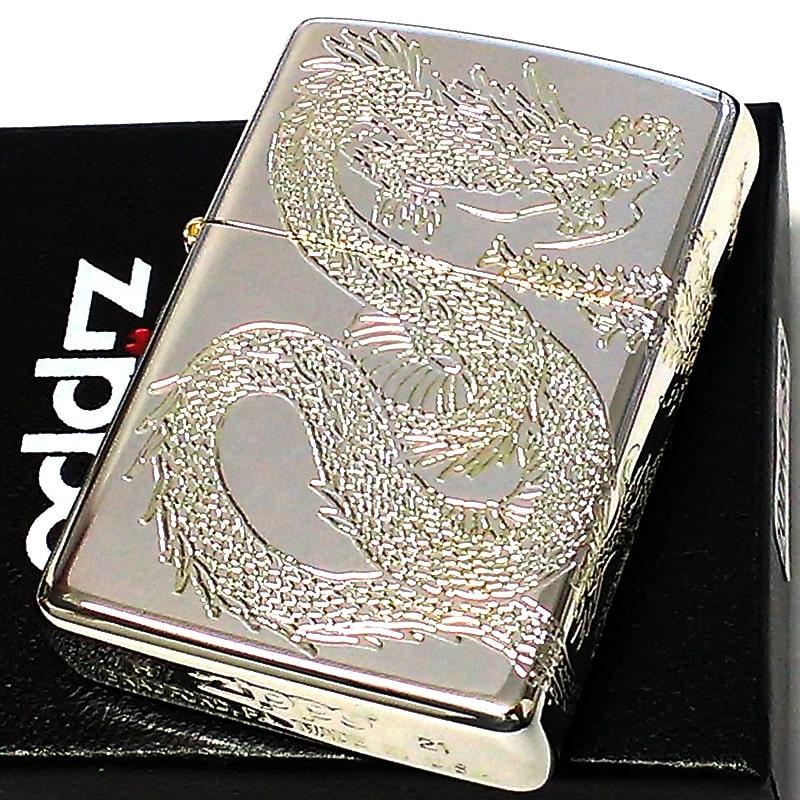 ZIPPO ライター 龍 鳳凰 ジッポ シルバー ドラゴン 銀金 三面連続加工 