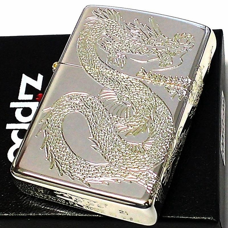 ZIPPO ライター 龍 鳳凰 ジッポ シルバー ドラゴン 銀金 三面連続加工 ...