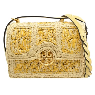 TORY BURCH 135759 草編拼皮翻蓋肩斜背包.蜂蠟黃