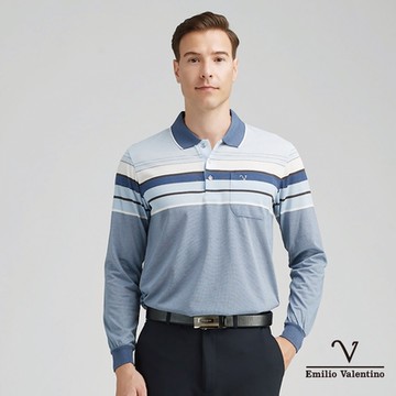 Emilio Valentino 范倫鐵諾男裝精梳棉胸袋薄長袖POLO衫_藍/白(21-4V8865)