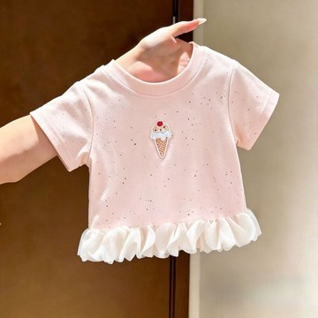 免運【臺灣出貨】女童短袖上衣 中小童韓版卡通蕾絲花邊拼接薄款短袖上衣女寶寶休閒上衣娃娃衫兒童衣服 兒童短袖 女童上衣