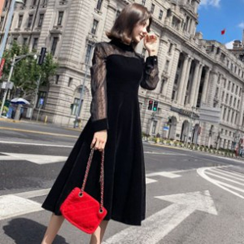 ワンピース シースルー 長袖 ミディ丈 ひざ下 ドット ベルベット お呼ばれ デート きれいめ 上品 黒 秋 冬 コーデ 通販 Lineポイント最大1 0 Get Lineショッピング