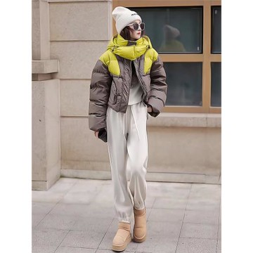 拼色短款連帽羽絨棉服女2025年冬季新款寬松時尚百搭加厚保暖外套