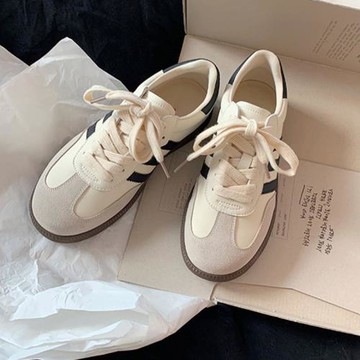 復古平底百搭運動系帶拼色德訓鞋休閑板鞋ins潮三條杠阿甘小白鞋