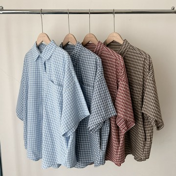 「FOR GIRLS」率性格紋寬鬆襯衫（4colors）格子 短袖襯衫 外套 防曬 疊穿 多層次 女上衣 女生長袖