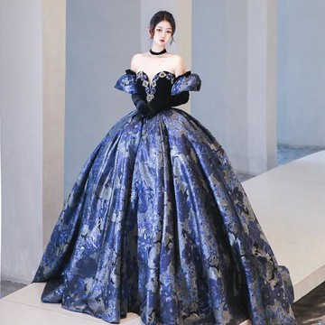 藏青晚禮服女2022新款高級感緞面主持人宴會氣質美聲藝考獨唱8028