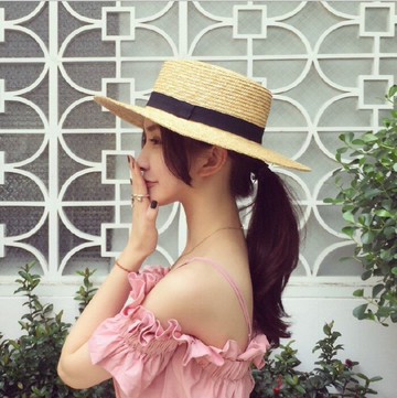 歐美寬檐平頂細麥稈平頂平檐蝴蝶結草帽女士春夏流行日系百搭1入