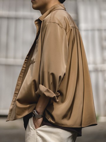 馬登工裝 美式復古免燙抗皺緞面長袖襯衫寬松冰絲感垂墜襯衣男潮