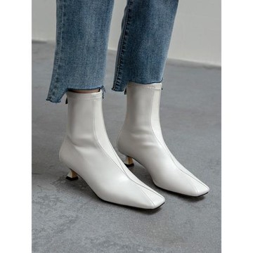 方頭貓跟瘦瘦靴女3cm及踝靴2025冬新款加絨白色細跟裸靴小跟短靴