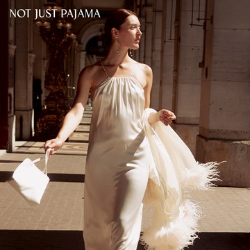 NotJustPajama婚禮系列 真絲掛脖羽毛長裙/婚禮吊帶連身睡裙 - 晴空藍-L