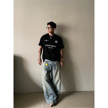 (免運)OXFREAK 「印花 足球元素」300g純棉重磅短袖t恤男寬松美式情侶裝