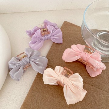 【花尋飾品】精緻雪紡蝴蝶結公主頭抓夾 鯊魚夾 粉色 紫色 灰色 小抓夾 側邊夾