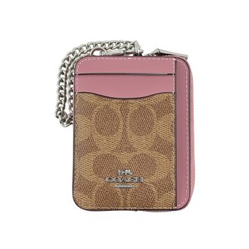 COACH棕色C LOGO PVC拼接灰粉色皮革鏈帶方型卡夾零錢包