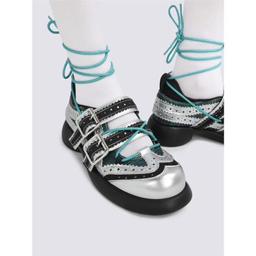 enqo原創瑪麗珍鞋女2025秋冬新品芭蕾銀色系帶小皮鞋厚底鞋單鞋