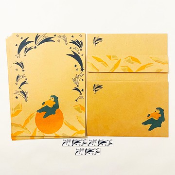 夜之讀書會 綴羽流星 信紙組 小熊 書 本 繪本 月 滿月 星星 閱讀 信紙 信封 貼紙 手寫信 動物 流星