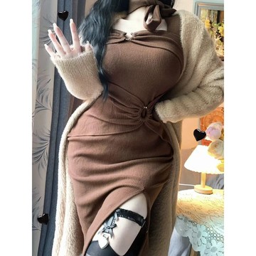 【🍇精選】梨形天菜！特大碼100kg女裝 性感針織裙 長洋裝純慾辣妹長袖連衣裙女 秋冬 開叉褶皺收腰包臀長裙 大碼內搭