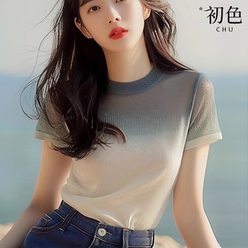 初色 漸變漸層圓領短袖針織T恤針織衫上衣女上衣-藍色-34950(F可選)