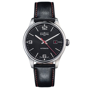 DAVOSA Gentlemen 現代經典紳士系列腕錶-黑面/紅色車線黑皮帶/40mm