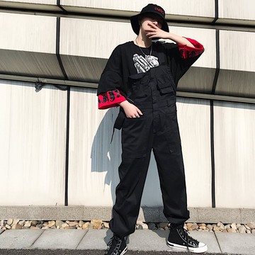 FINDSENSE品牌 2019春季 新款 韓國 嘻哈 工裝褲  寬鬆 純色 休閒長褲  背帶 休閒褲 束腳 潮男褲子