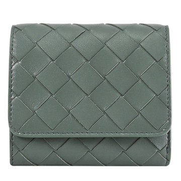 BOTTEGA VENETA 大編織三折釦式零錢短夾(灰綠)