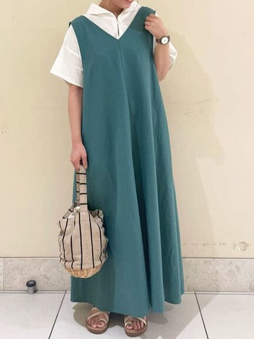 條紋/素面棉麻V領背心洋裝(FL26L0H1280) - Samansa Mos2