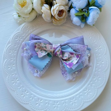 印花紗蕾絲蝴蝶結彈夾髮夾髮飾頭飾-淺藍+紫紅色