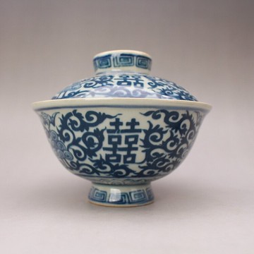 晚清民國民窯青花 喜字紋罐蓋碗 古玩古董陶瓷器仿古收藏品茶具