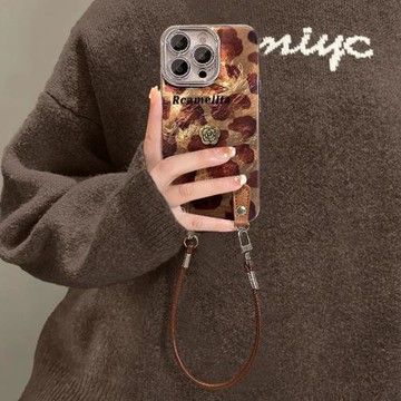 豹紋山茶花適用蘋果17promax手機殼iphone16pro高級冰川紋14plus掛繩13復古潮牌12全包鏡頭膜11防摔女款15潮