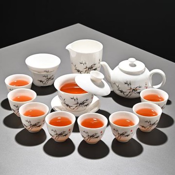 富竹羊脂玉白瓷功夫茶具套裝家用陶瓷泡茶壺蓋碗茶杯整套禮盒裝