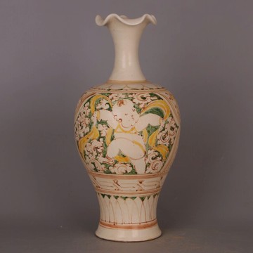 宋 磁州窯白釉加彩嬰戲圖花口瓶 仿宋代出土舊貨瓷器古玩收藏擺件