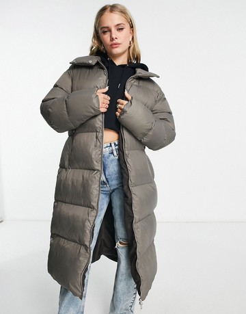 JJXX high neck longline padded coat in grey-Brown