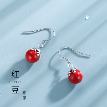 925純銀紅豆紅色年新款潮ins耳環女氣質中國耳釘耳墜耳飾