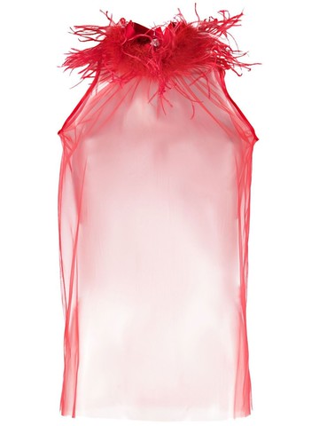 STYLAND - feather-trim sheer top - women - Ostrich Feather/Polyamide - XS - Red