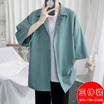 痞帥襯衫男短袖套裝潮牌七分袖襯衣設計感小眾輕熟風男裝外套夏季