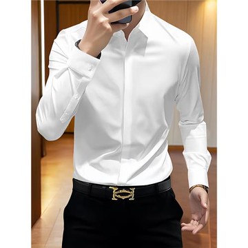 高級感痞帥男款白色長袖襯衫外套商務休閑修身彈力免燙抗皺襯衣男