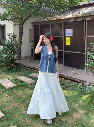 【missy shop】日光希望格紋緹花假兩件上衣蛋糕裙套裝-82533