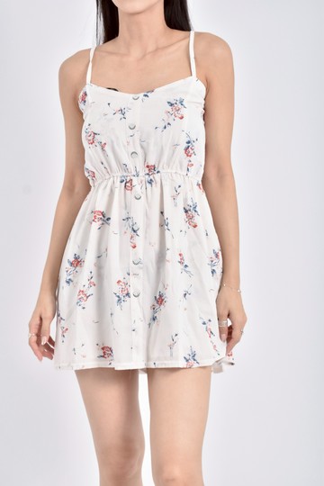 (S) 質感碎花細肩帶白色洋裝