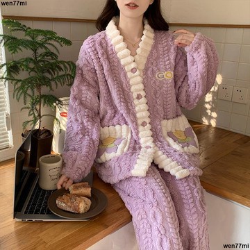 超實惠冬 秋冬女睡衣 居家服 热卖短款珊瑚绒女士休闲套装家居服双面加绒V领秋冬保暖睡衣