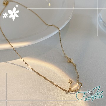 【伊飾童話】土星漫遊＊貓眼石鎖骨鈦鋼項鍊/金