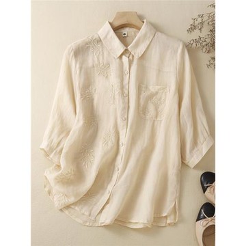 日系高端外貿出口女裝棉麻襯衫女中袖復古刺繡苧麻小衫亞麻料上衣