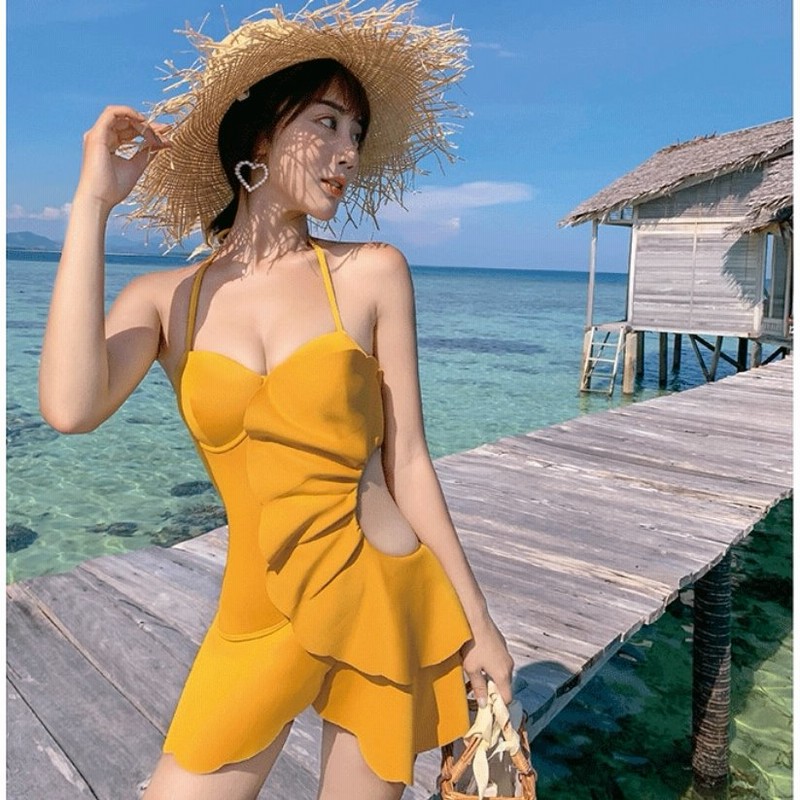 ワンピース 水着 韓国ファッション ワンピース水着 フリル オールインワン水着 イエロー 蓮の葉 海 リゾート 浜辺 旅行 通販 Lineポイント最大0 5 Get Lineショッピング