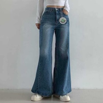 正韓牛仔褲 斜切喇叭長褲DNY0714-創翊韓都