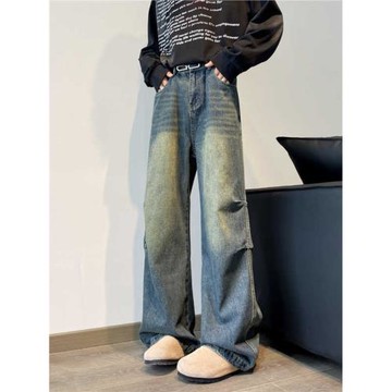 美式復古小眾做舊廢土風微喇牛仔褲男士春秋季寬松闊腿拖地長褲潮