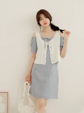 格紋一字領綁帶收腰短洋裝
