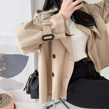 【nine韓系服飾】現貨韓國短版風衣外套 新款 英式風笛 女孩顯高短版風衣英倫 女生風衣 韓國風衣 外套 女